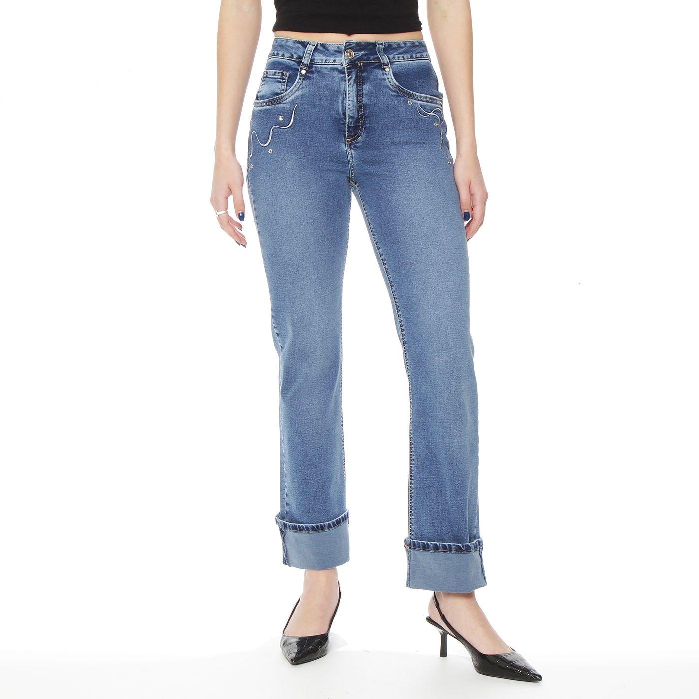 Jeans Recto Tiro Alto Pretina Basic 1 Boton Aplicacion Bordado Y Stras-0