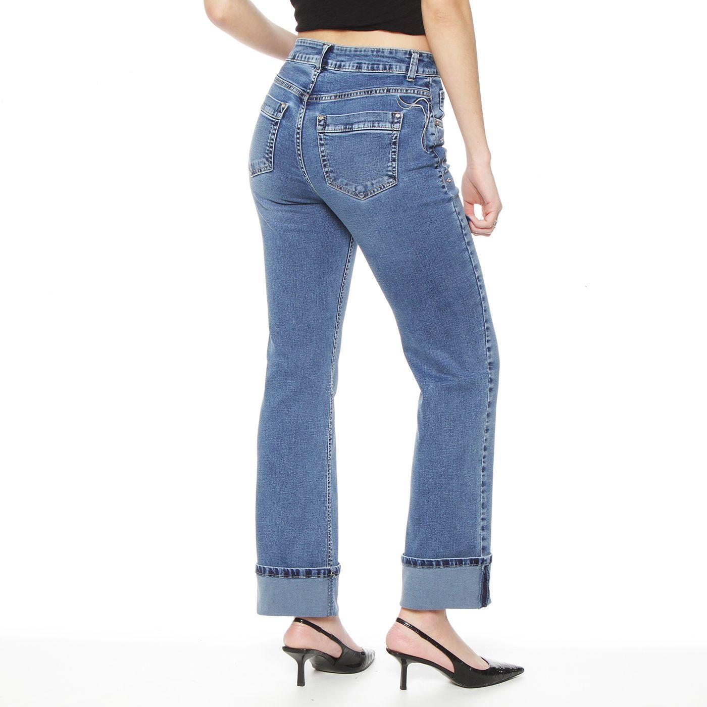 Jeans Recto Tiro Alto Pretina Basic 1 Boton Aplicacion Bordado Y Stras-2