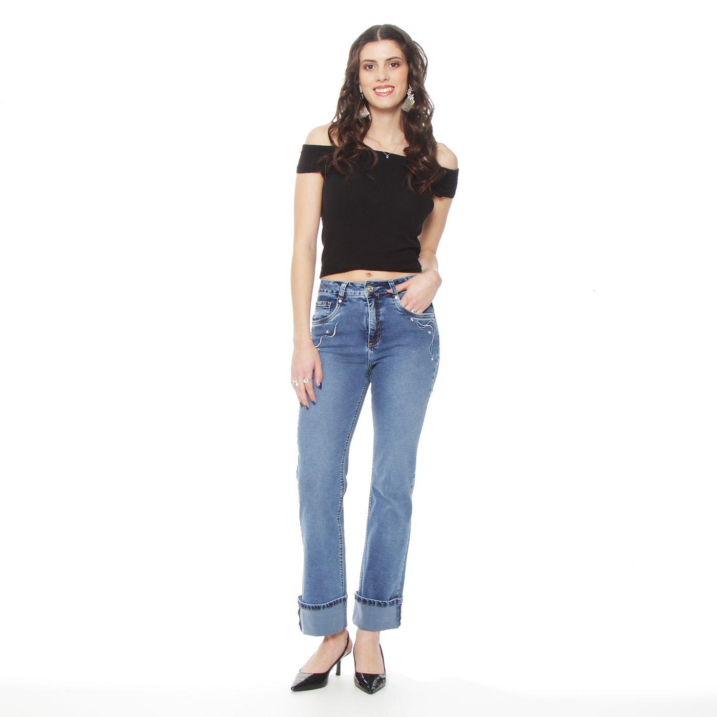 Jeans Recto Tiro Alto Pretina Basic 1 Boton Aplicacion Bordado Y Stras-4
