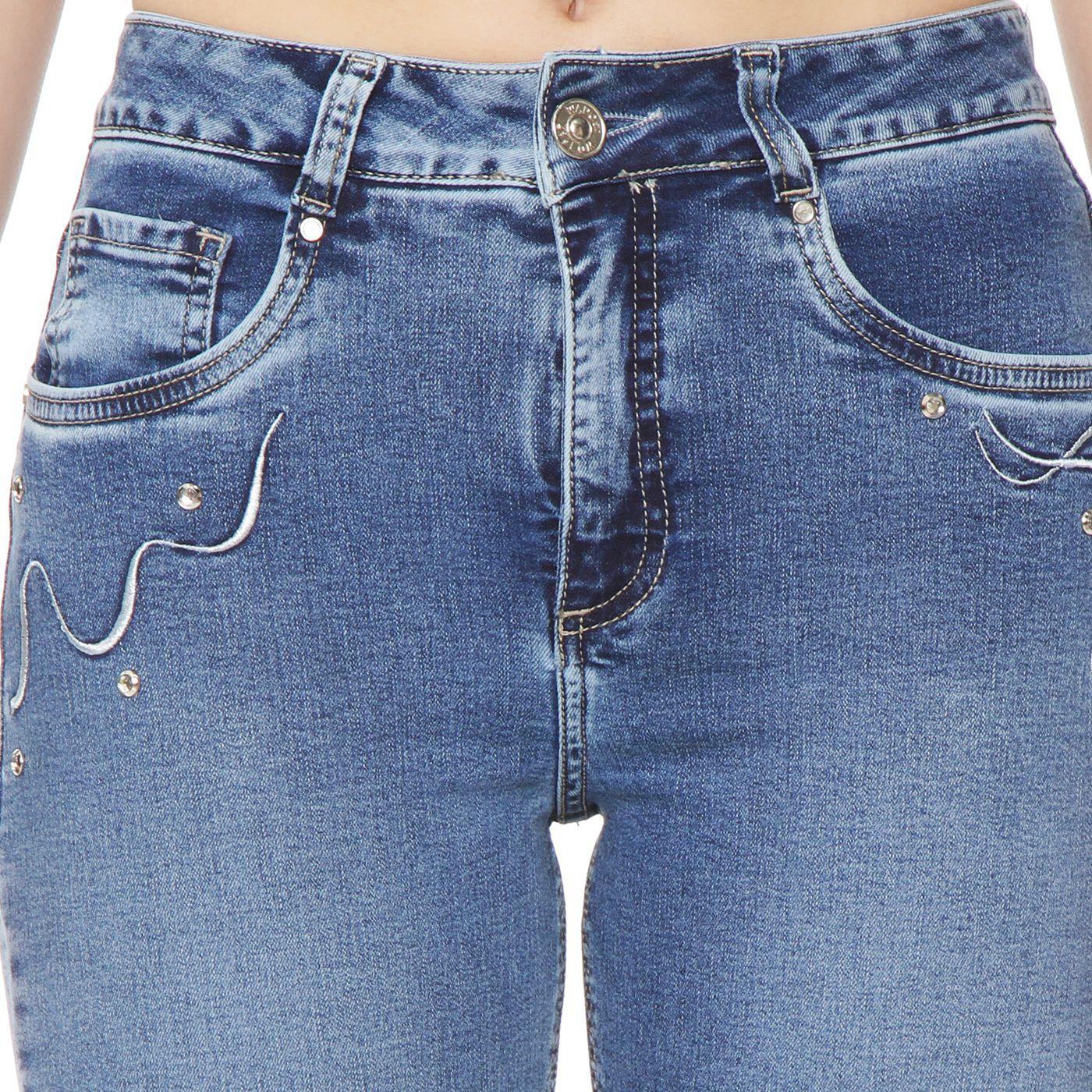 Jeans Recto Tiro Alto Pretina Basic 1 Boton Aplicacion Bordado Y Stras-5