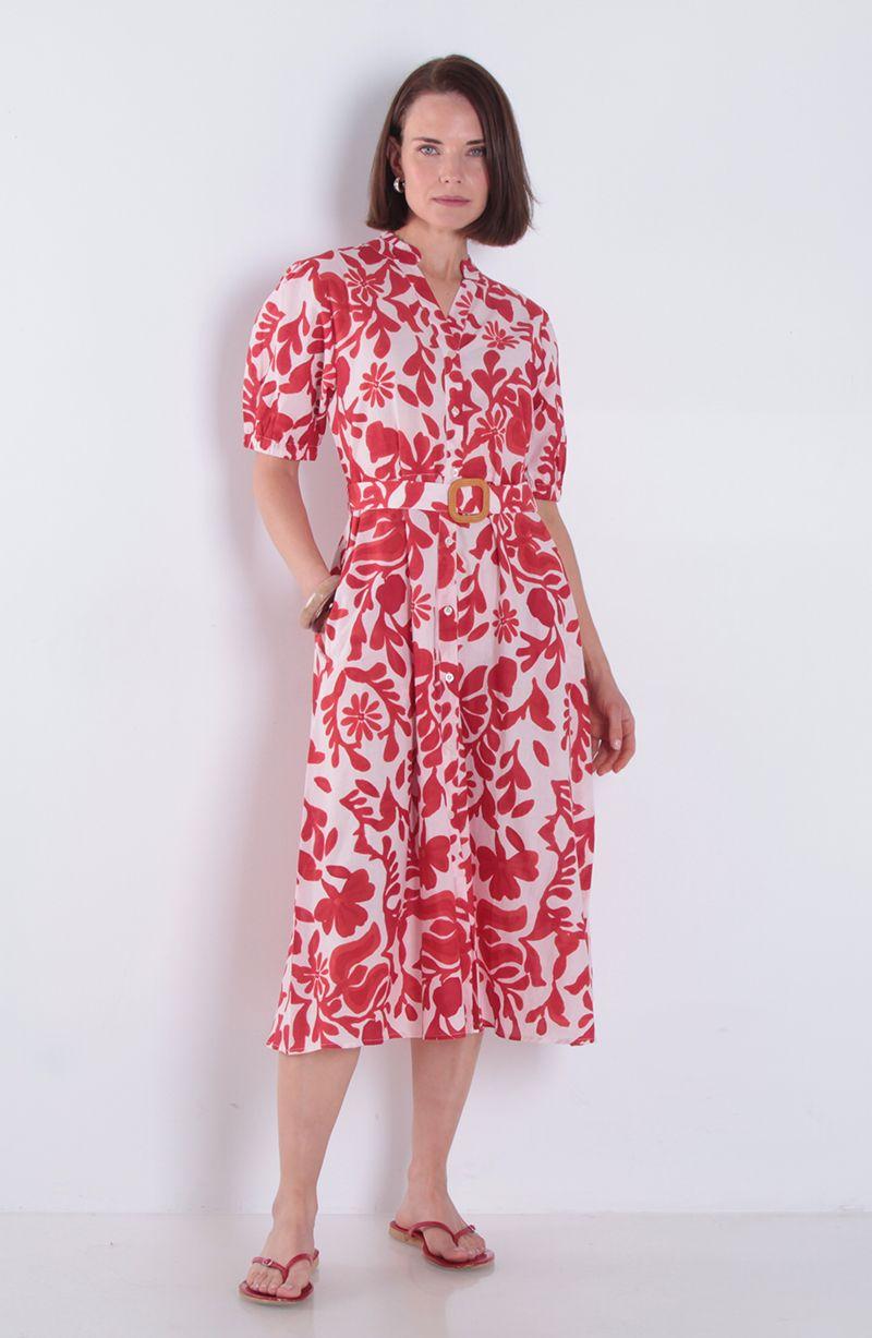 Vestido Estanmpado Manga Corta Con Cinturon Escote V-0