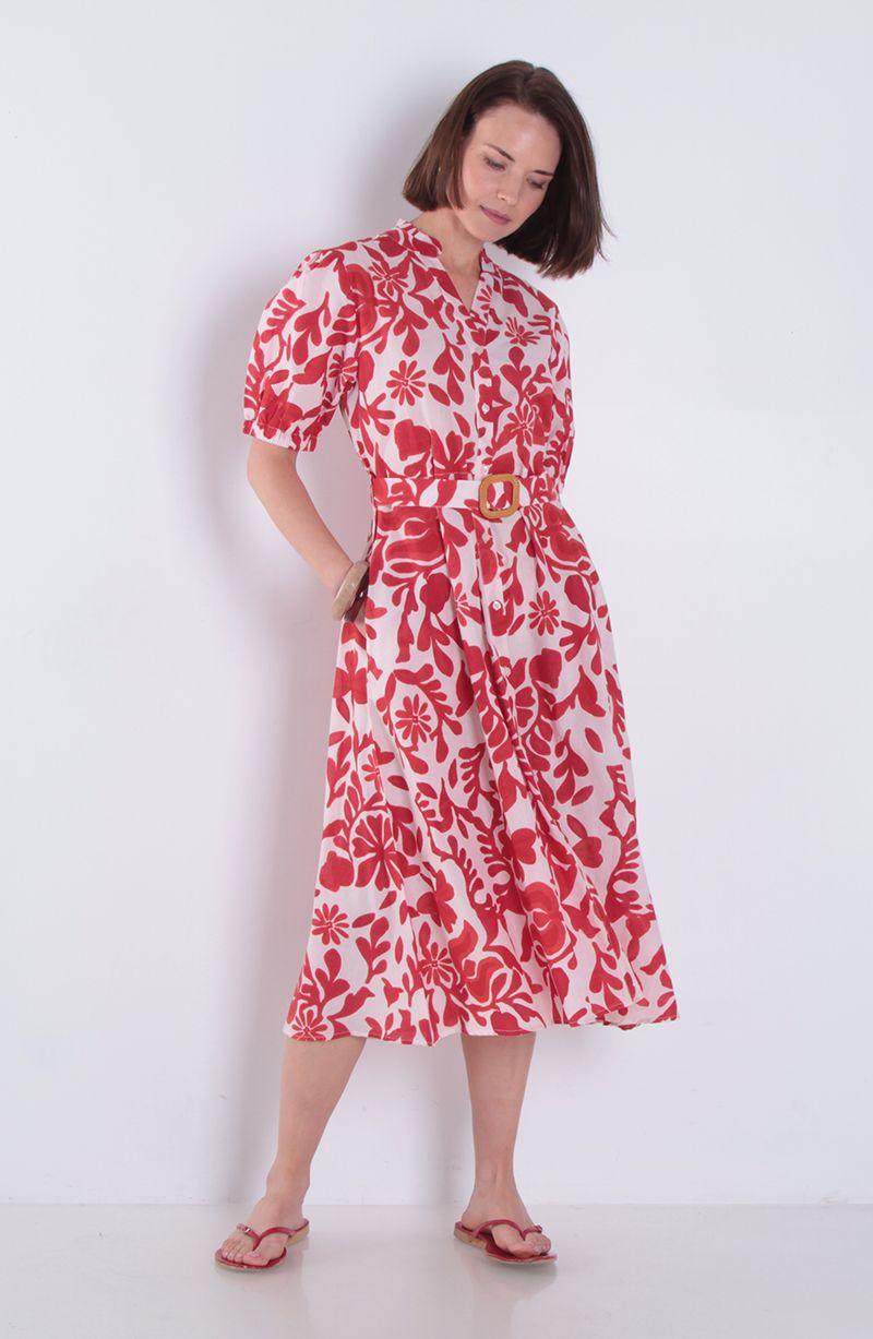 Vestido Estanmpado Manga Corta Con Cinturon Escote V-4