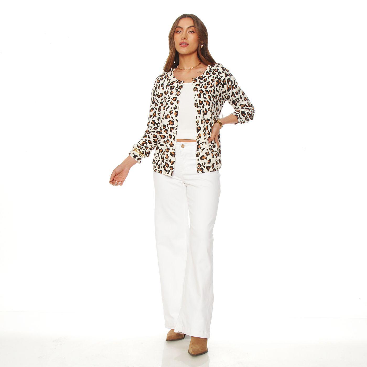 Chaleco Manga Larga Animal Print Abotonado En Delantero-2