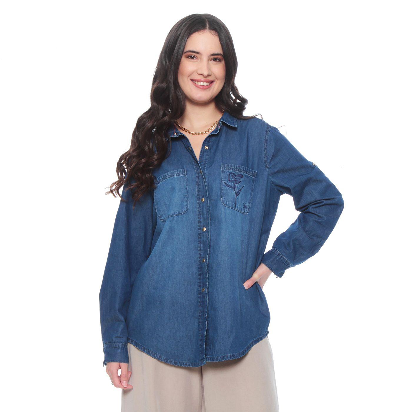 Blusa Denim Bordado Cuello Camisero-0