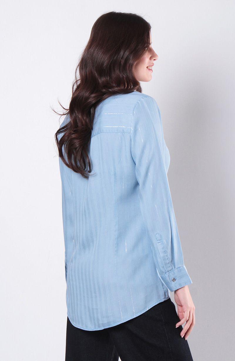 Blusa Tencel Listado Lurex Manga Larga Abotonada En Delantero-2