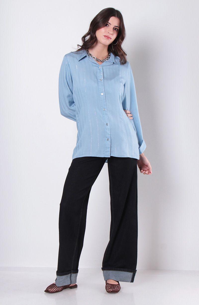 Blusa Tencel Listado Lurex Manga Larga Abotonada En Delantero-3