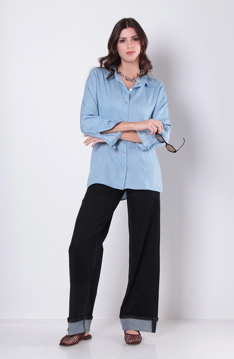 Blusa Tencel Listado Lurex Manga Larga Abotonada En Delantero-4