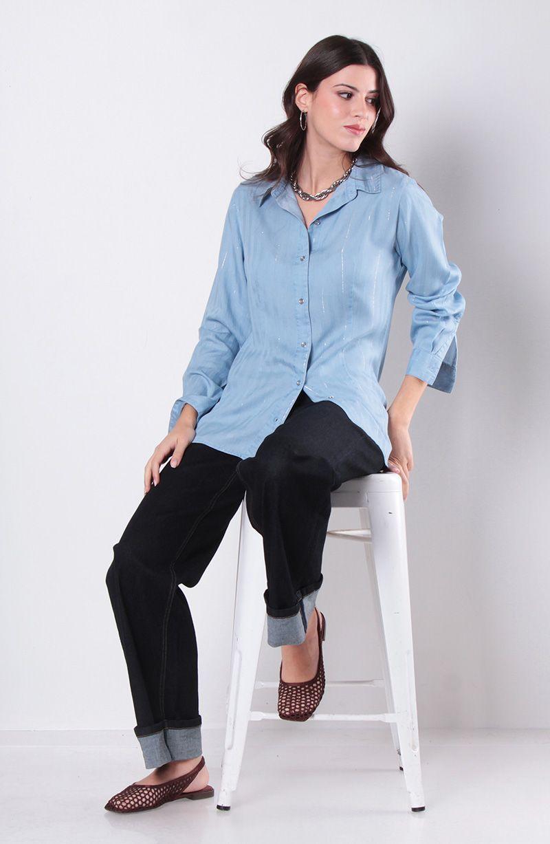 Blusa Tencel Listado Lurex Manga Larga Abotonada En Delantero-6