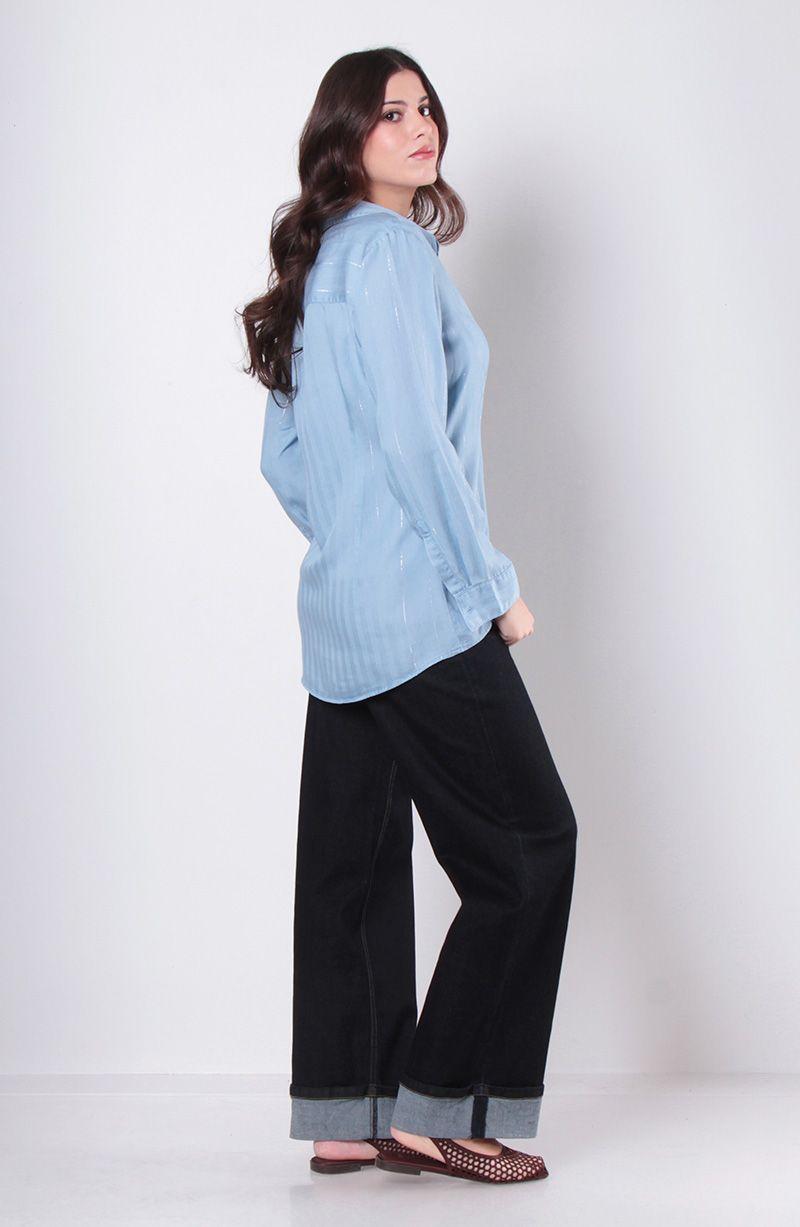 Blusa Tencel Listado Lurex Manga Larga Abotonada En Delantero-7