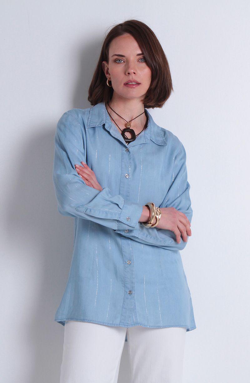 Blusa Tencel Listado Lurex Manga Larga Abotonada En Delantero-0