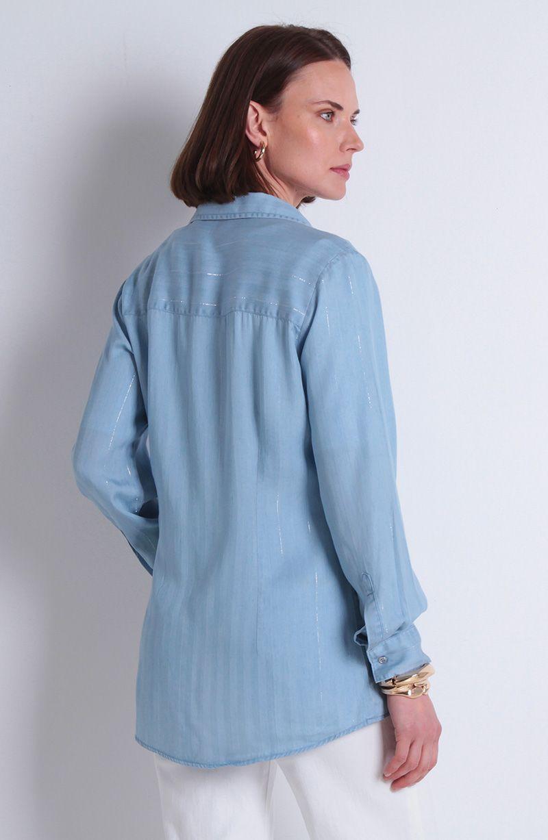 Blusa Tencel Listado Lurex Manga Larga Abotonada En Delantero-3