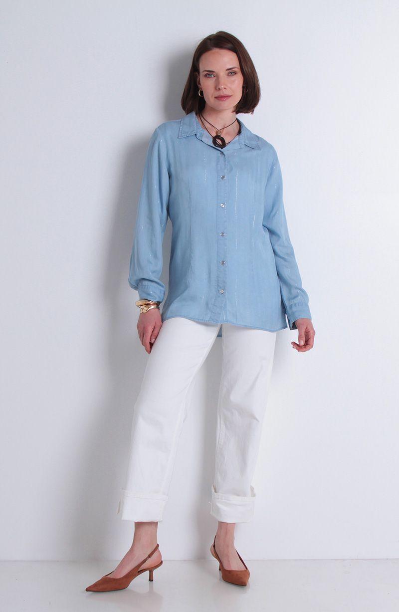 Blusa Tencel Listado Lurex Manga Larga Abotonada En Delantero-5