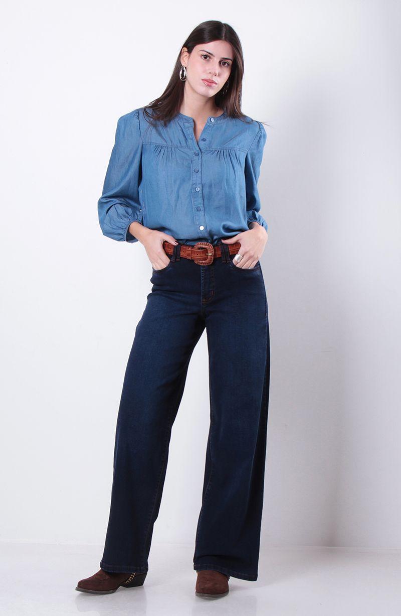 Jeans Basico Wide Tiro Medio Pretina Un   Boton-7