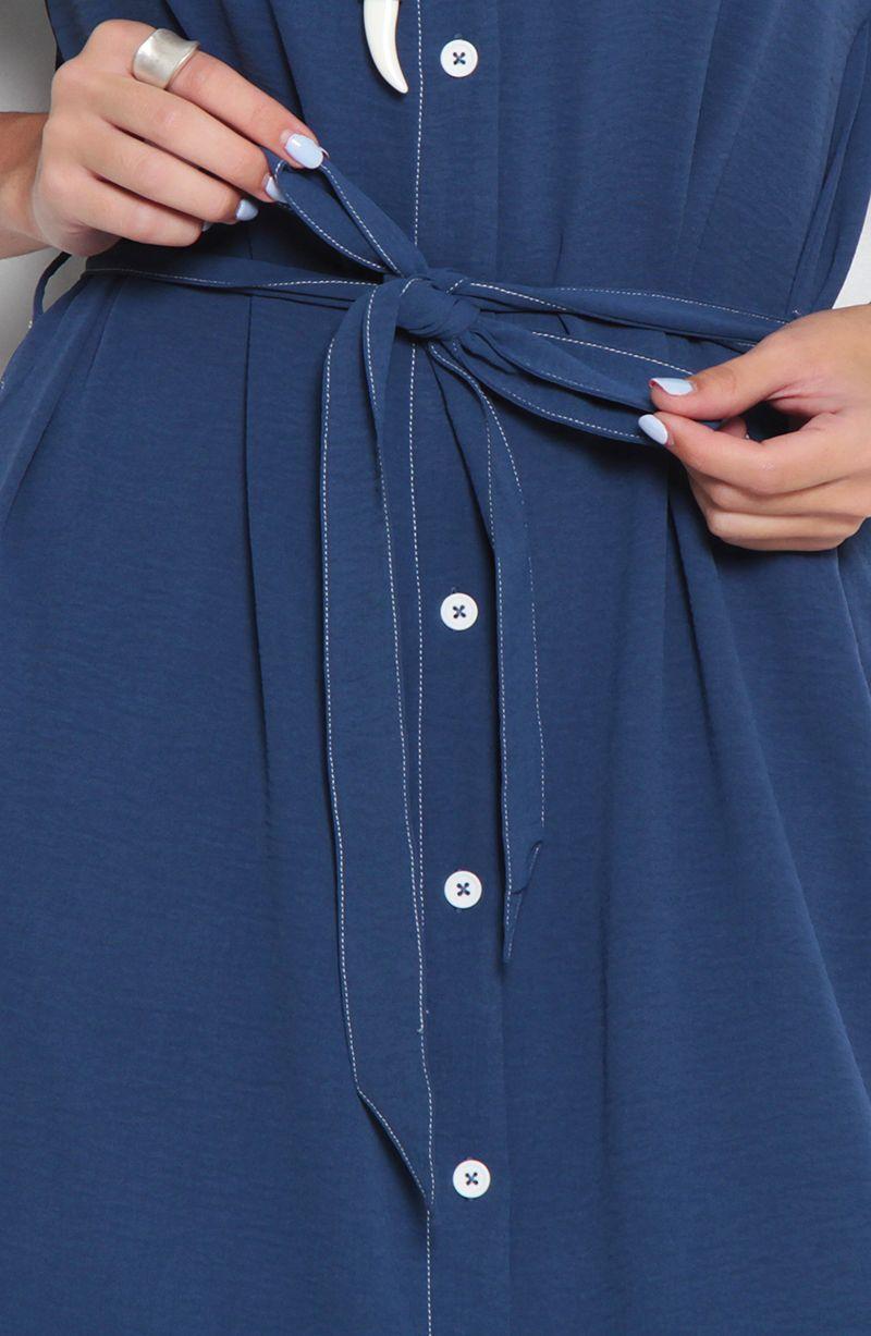 Vestido Manga Corta Abotonada En Delanter Con Lazo En Cintura-3