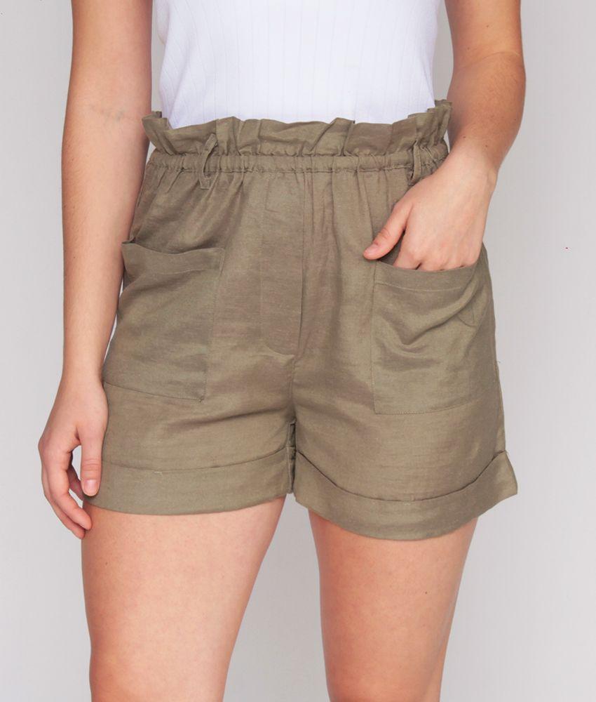 Short Solido Pretina Elasticada Con Pasador Bolsillos Parches-6