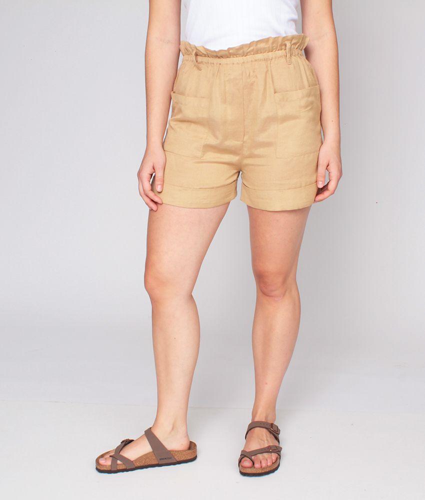 Short Solido Pretina Elasticada Con Pasador Bolsillos Parches-0