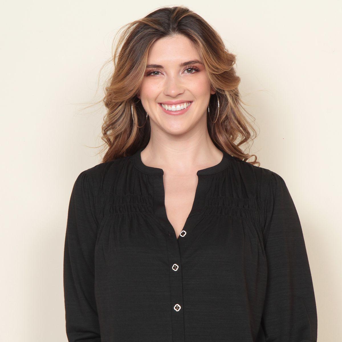 Blusa Manga 3/4 Solido Abotonada En El Delantero Escote V-2