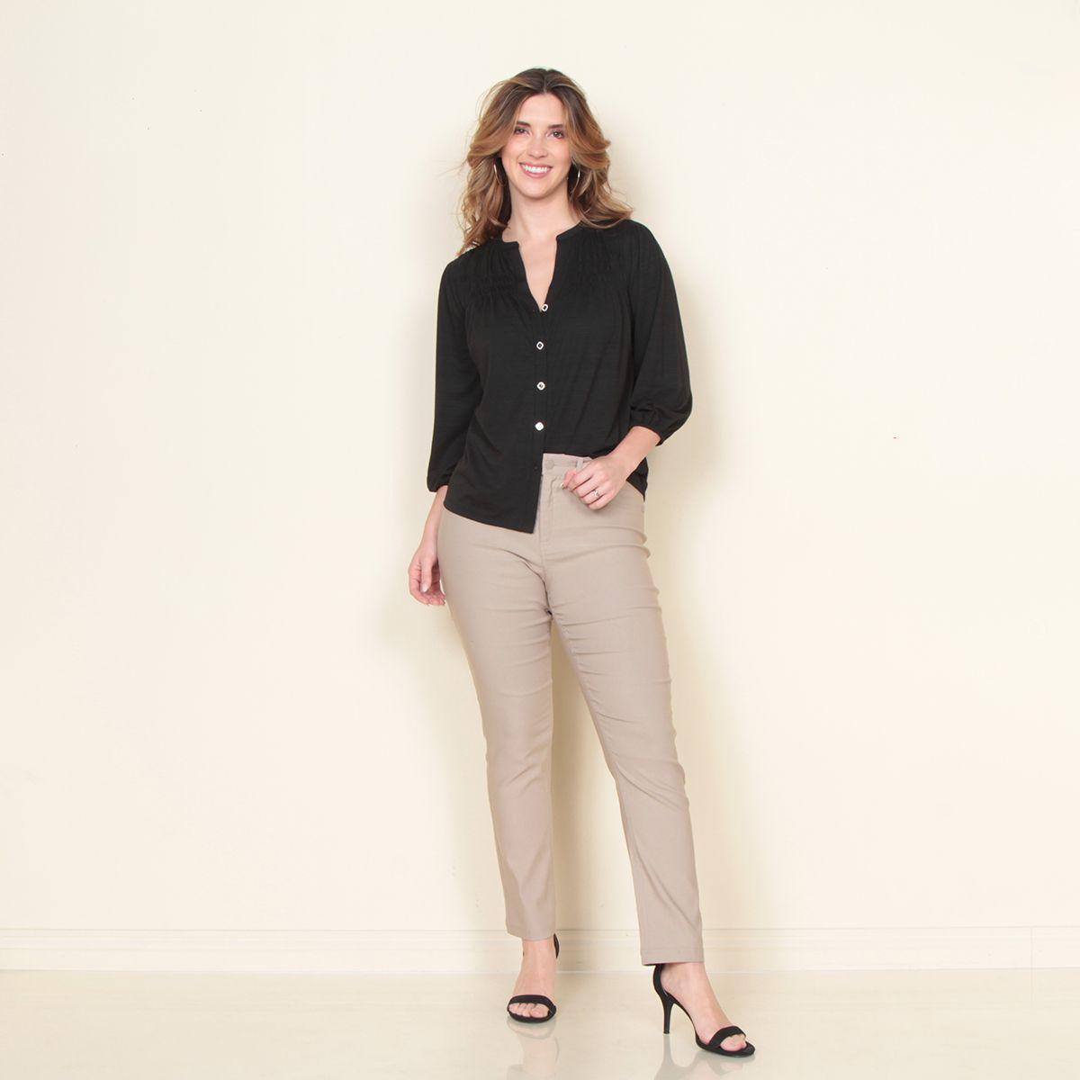 Blusa Manga 3/4 Solido Abotonada En El Delantero Escote V-3