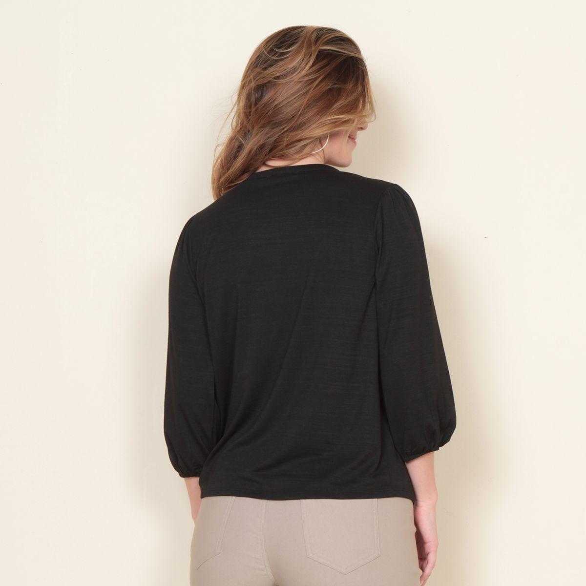 Blusa Manga 3/4 Solido Abotonada En El Delantero Escote V-6