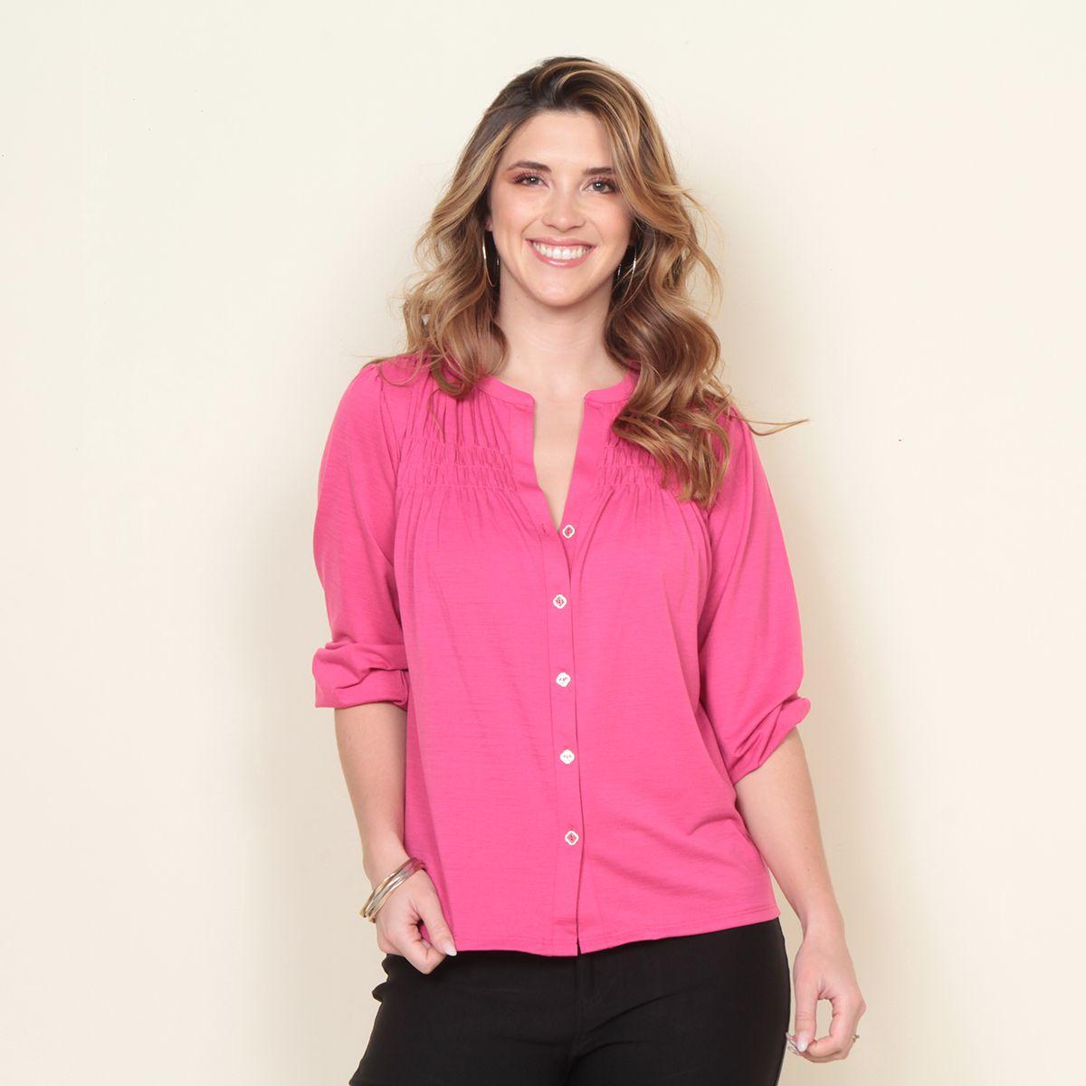 Blusa Manga 3/4 Solido Abotonada En El Delantero Escote V-0