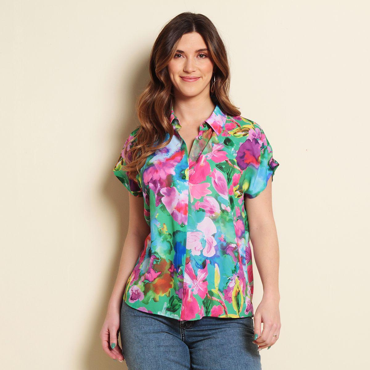 Blusa Manga Corta Estampada Cuello Camisero Abotonada-0