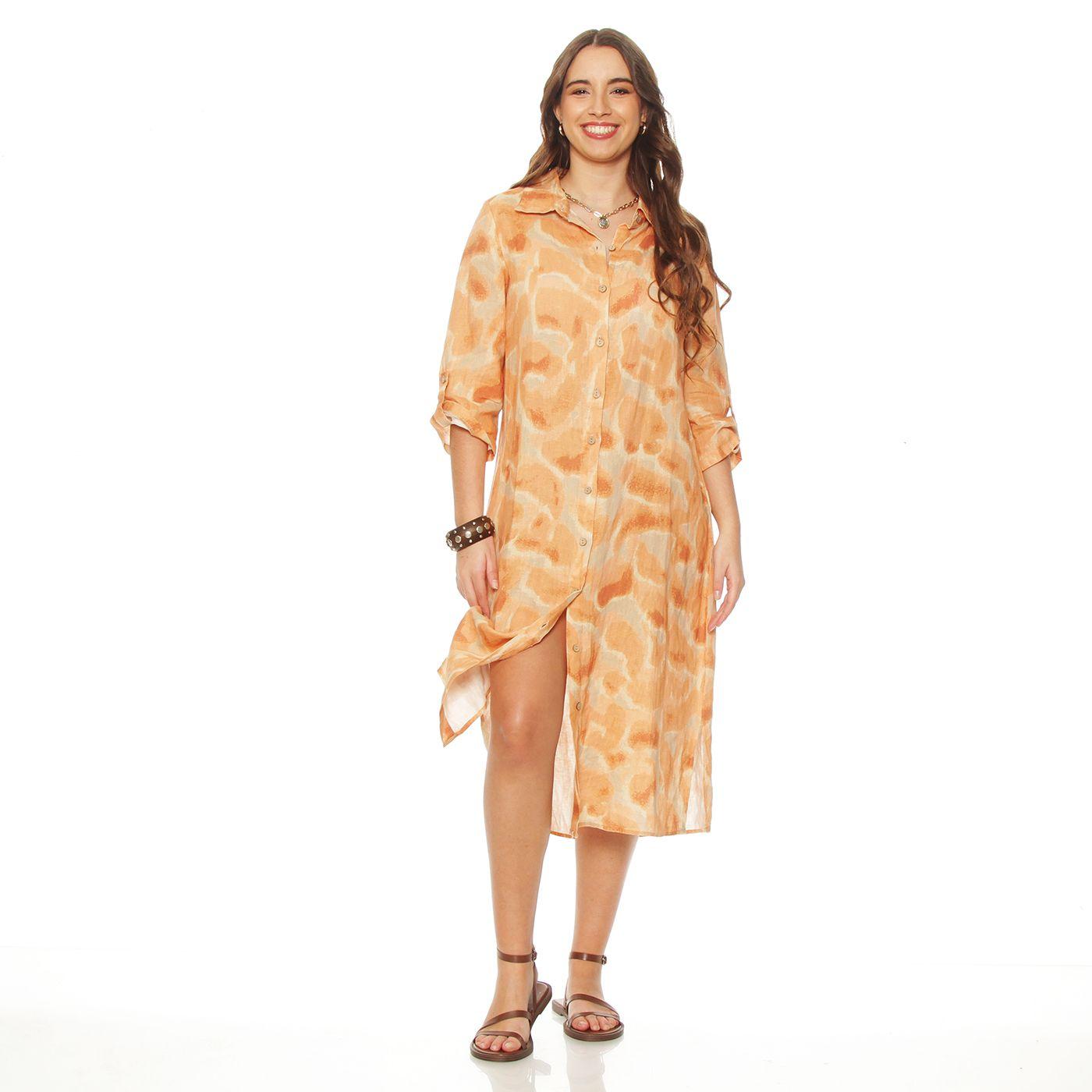 Vestido Manga Larga Lino Estampado Abotonado  En Delantero-2
