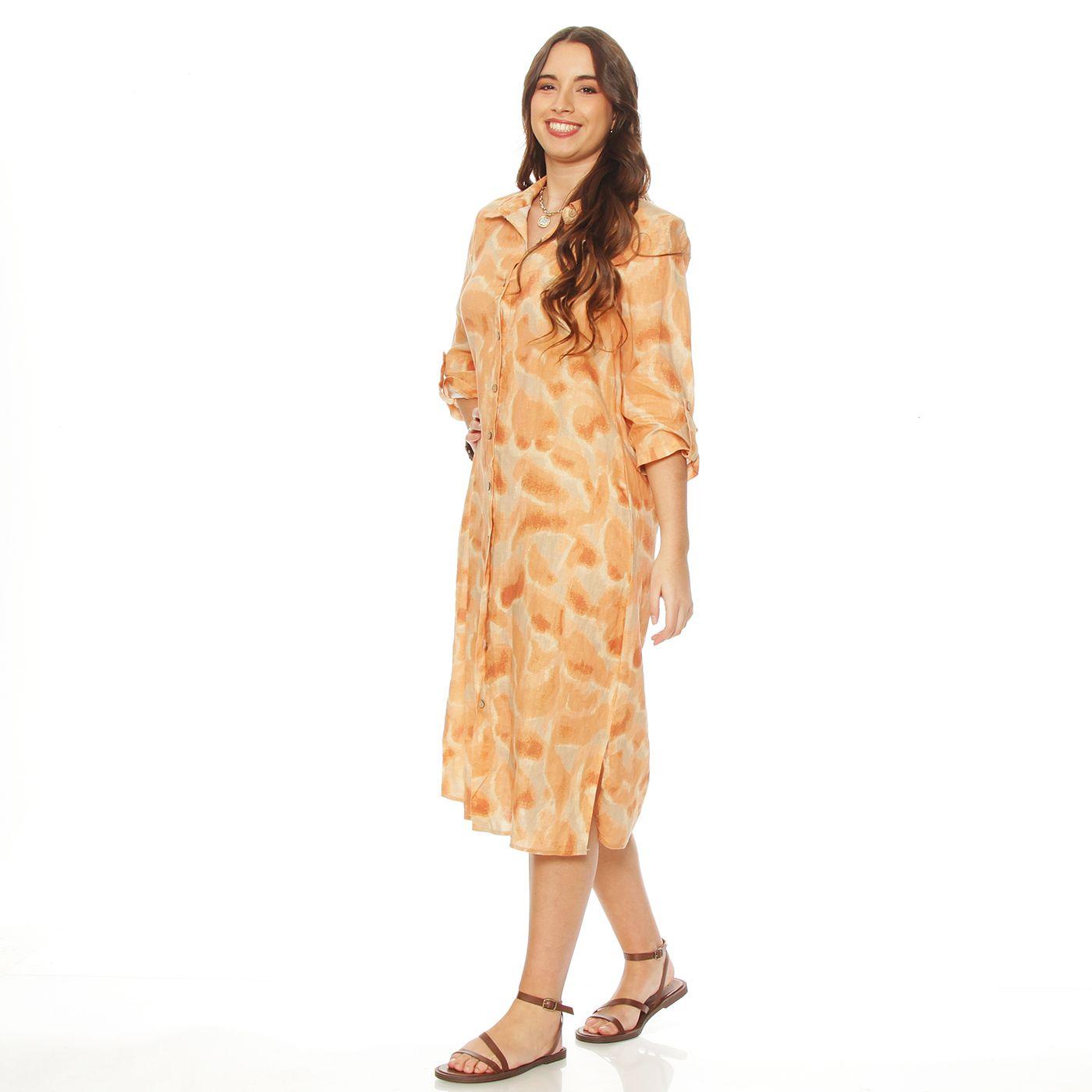 Vestido Manga Larga Lino Estampado Abotonado  En Delantero-3