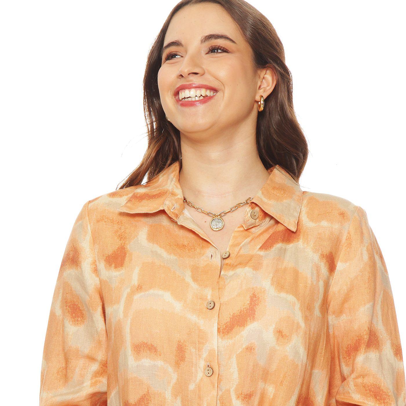 Vestido Manga Larga Lino Estampado Abotonado  En Delantero-4