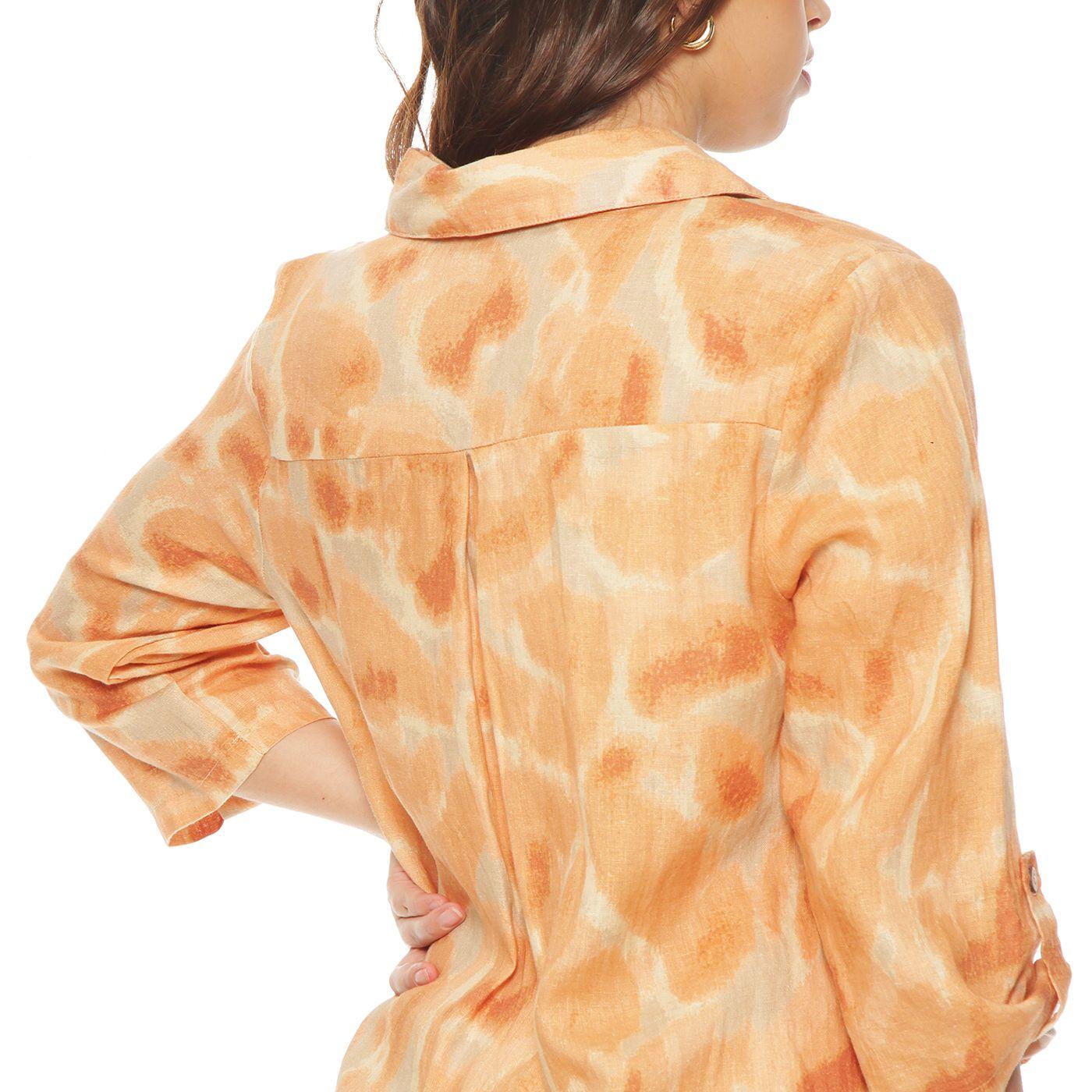Vestido Manga Larga Lino Estampado Abotonado  En Delantero-6