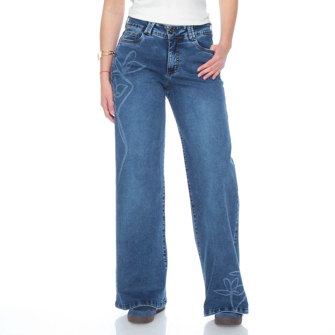 Jeans Wide Leg Tiro Alto Flor Laser  Pretina Basica 1 Boton-0