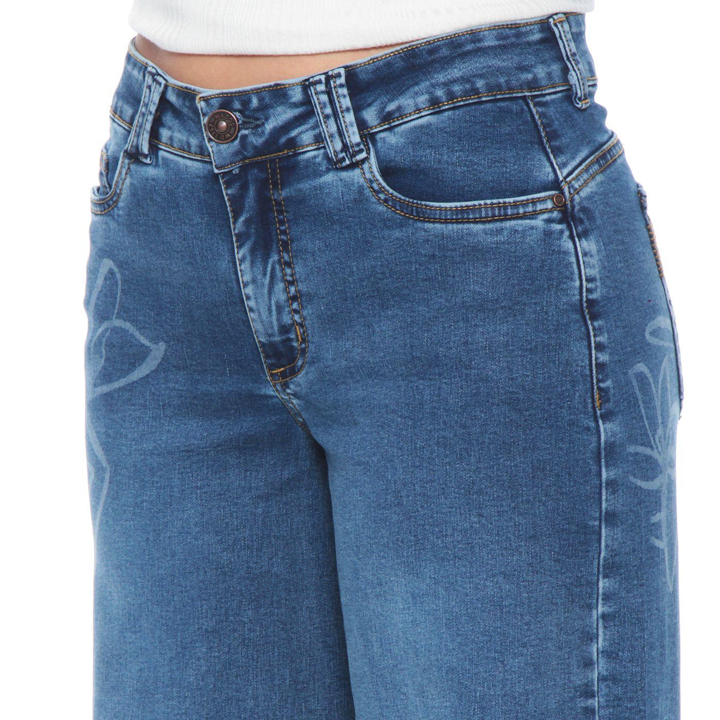 Jeans Wide Leg Tiro Alto Flor Laser  Pretina Basica 1 Boton-2
