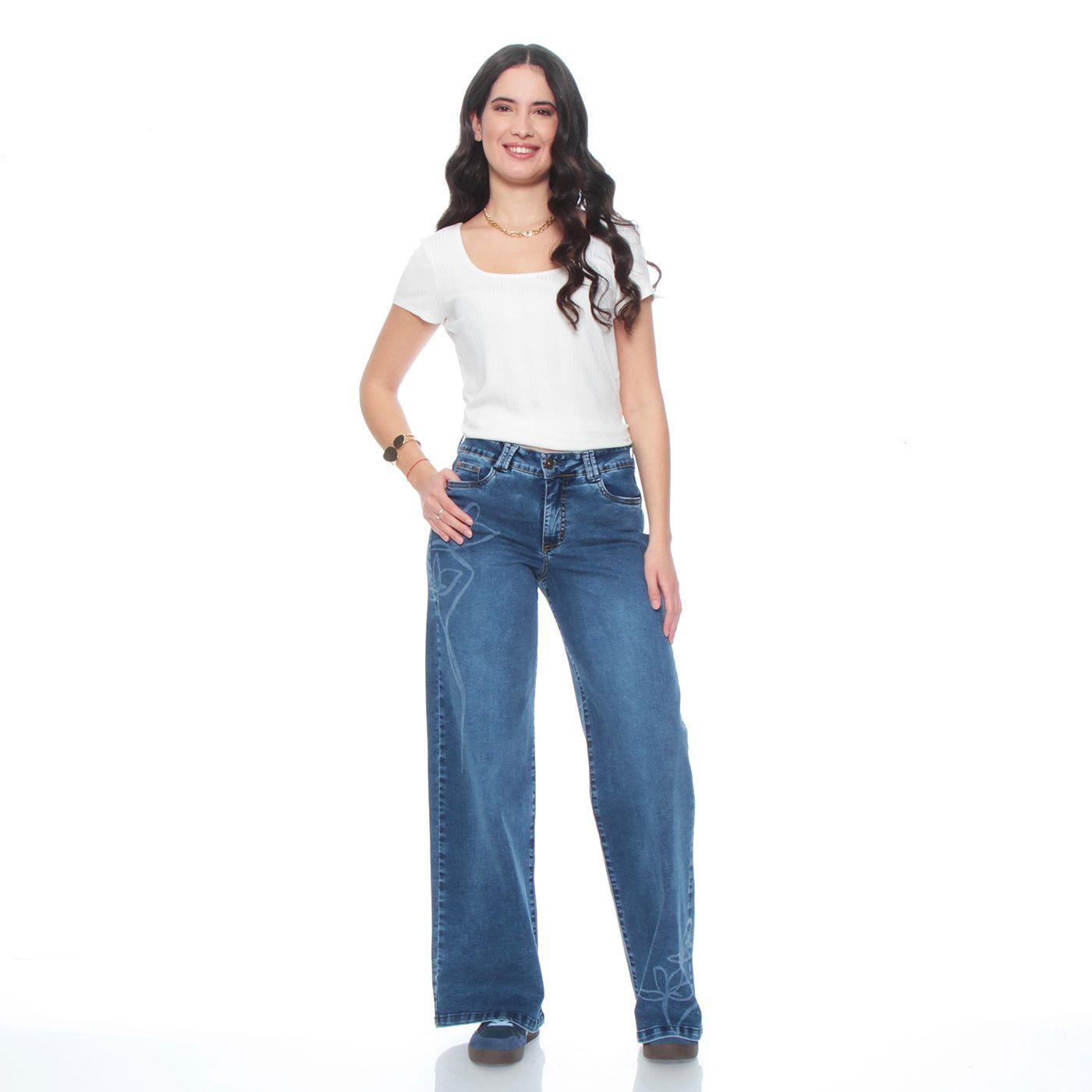 Jeans Wide Leg Tiro Alto Flor Laser  Pretina Basica 1 Boton-3