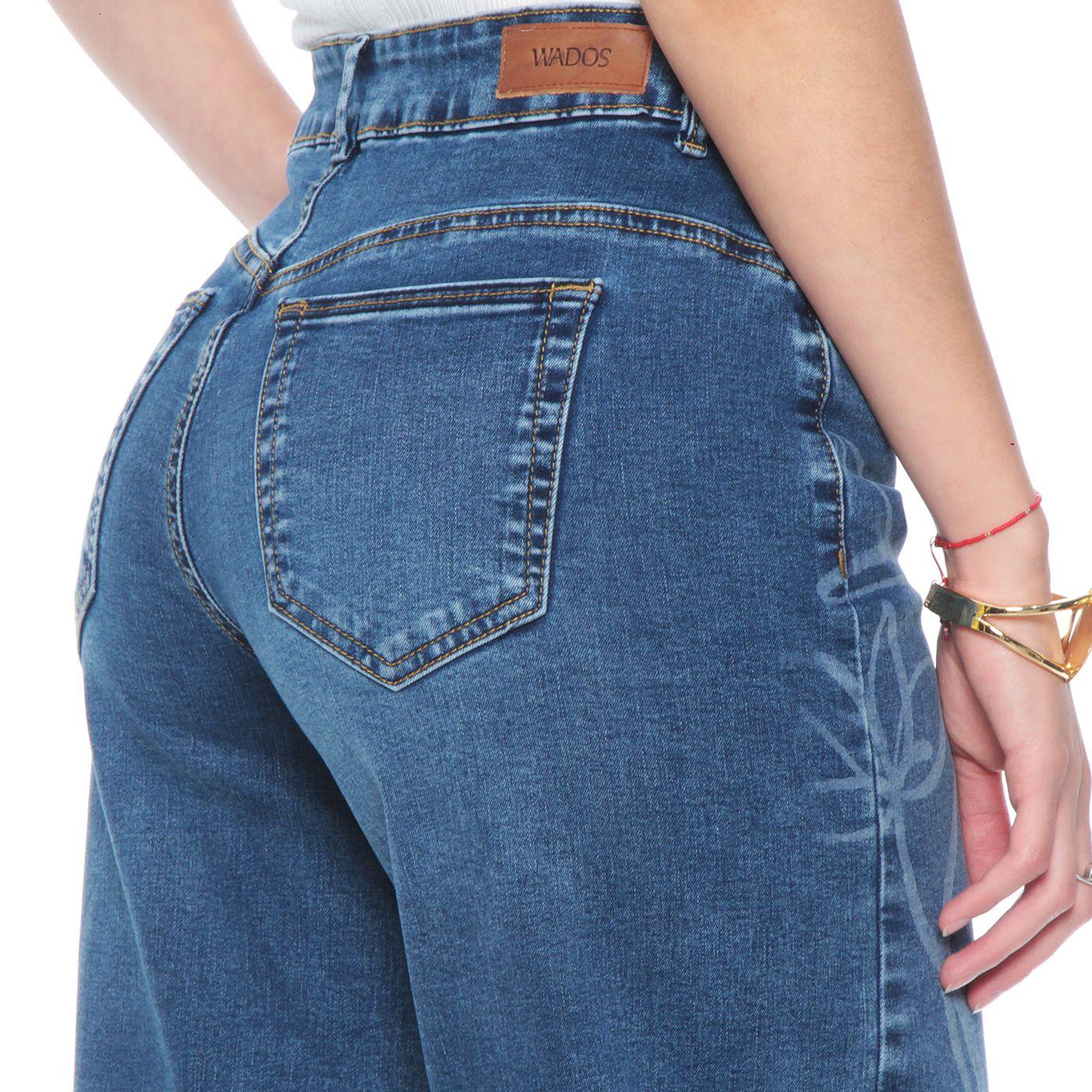 Jeans Wide Leg Tiro Alto Flor Laser  Pretina Basica 1 Boton-5