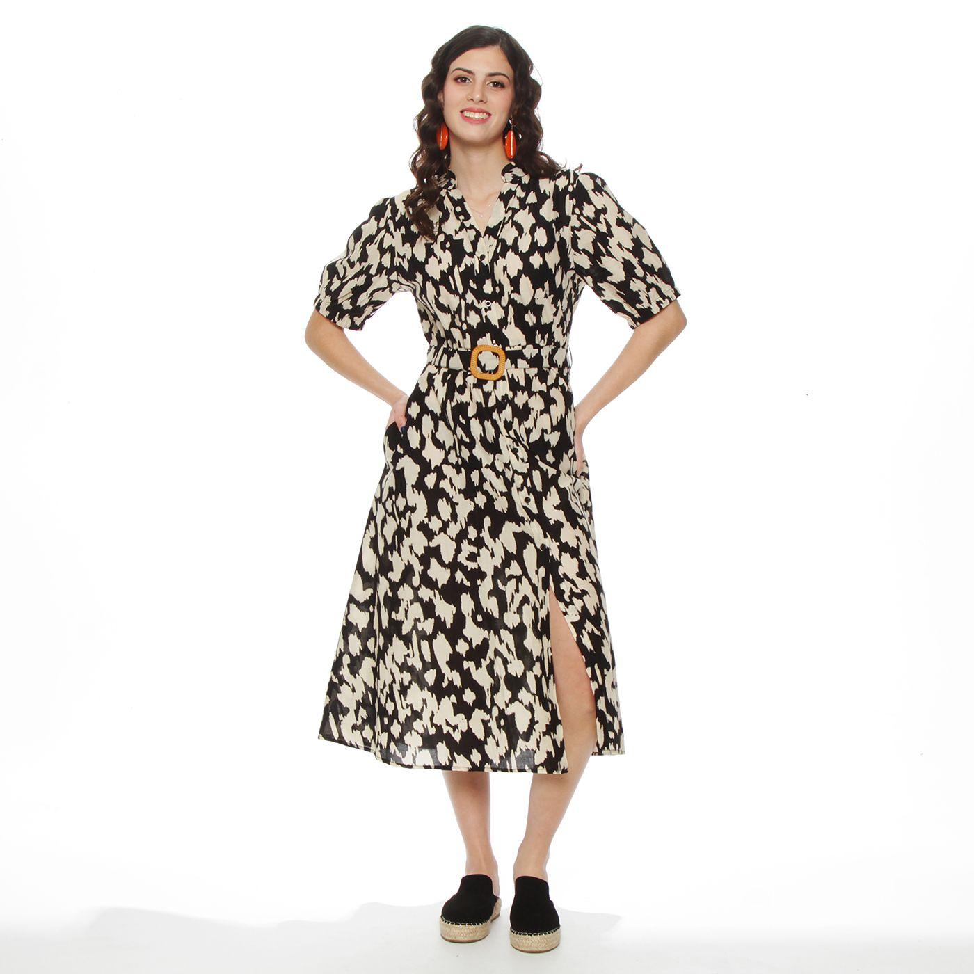 Vestido Manga Corta Estampado  Abotonado En Delantero Con Cinturon-2