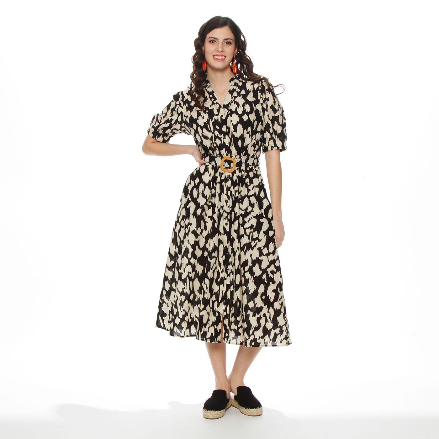 Vestido Manga Corta Estampado  Abotonado En Delantero Con Cinturon-3