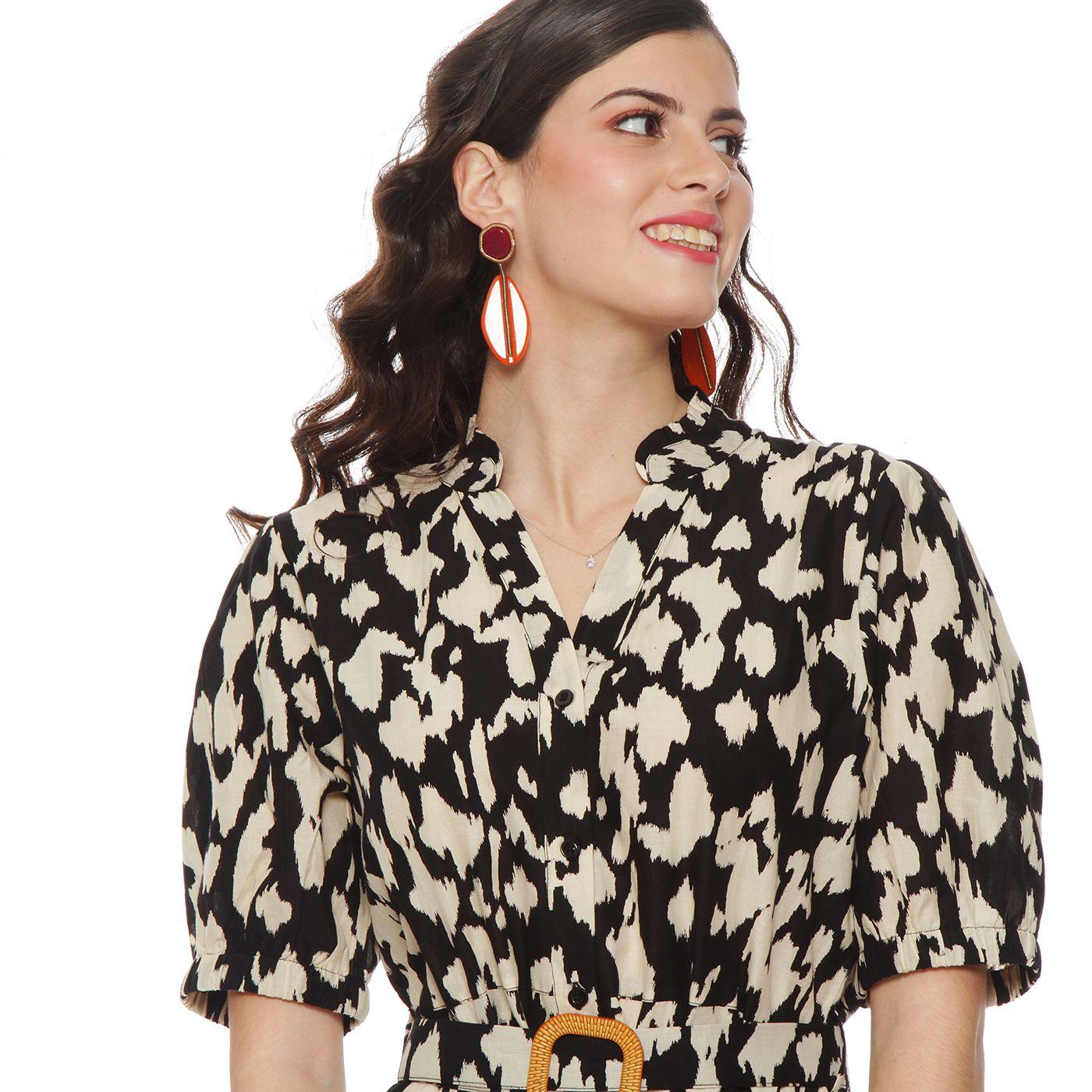 Vestido Manga Corta Estampado  Abotonado En Delantero Con Cinturon-4