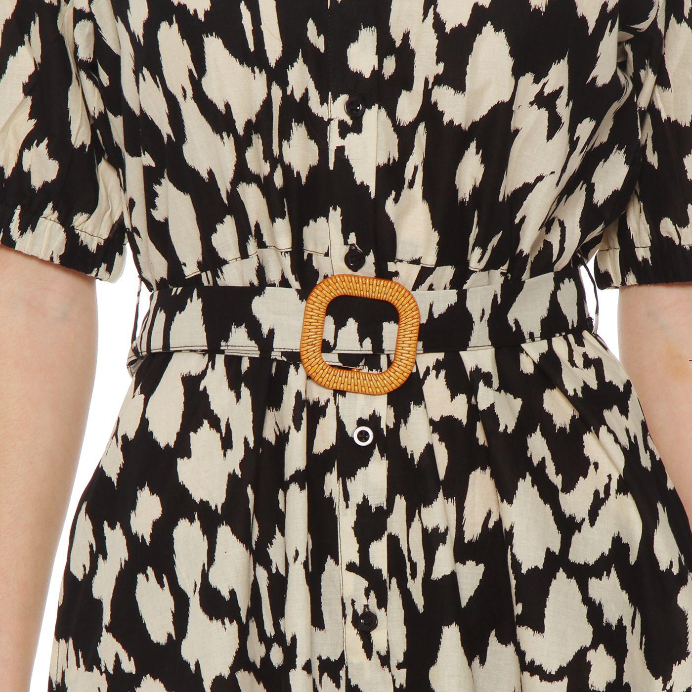 Vestido Manga Corta Estampado  Abotonado En Delantero Con Cinturon-5