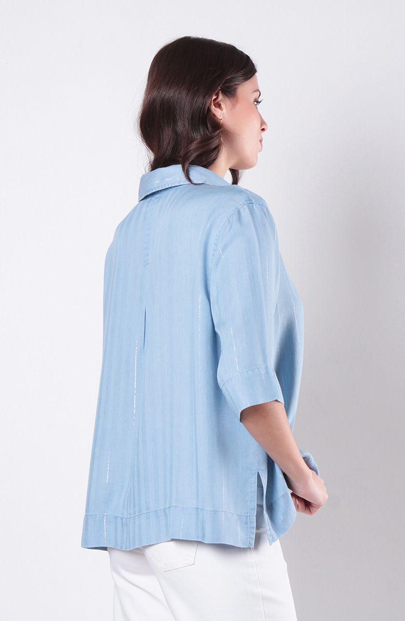 Blusa Tencel Listado Lurex Manga Corta Abotonada En Delantero-2
