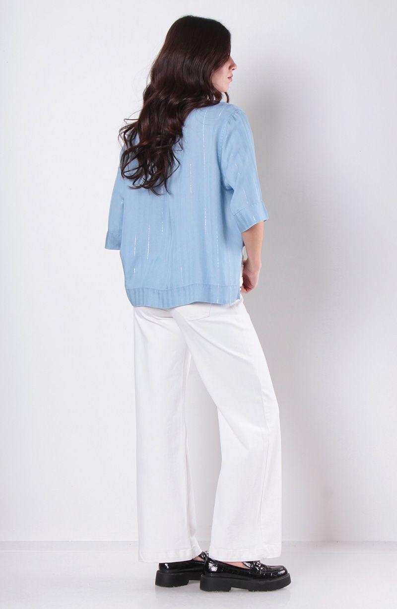 Blusa Tencel Listado Lurex Manga Corta Abotonada En Delantero-6