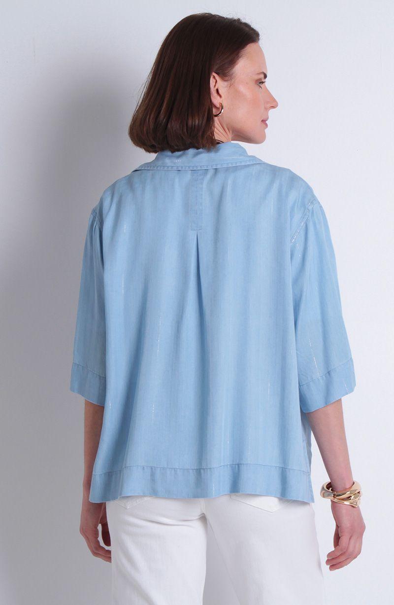 Blusa Tencel Listado Lurex Manga Corta Abotonada En Delantero-4