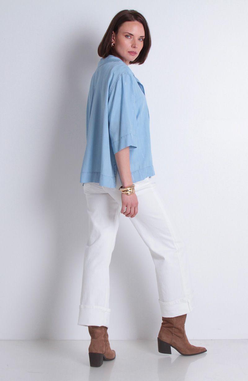 Blusa Tencel Listado Lurex Manga Corta Abotonada En Delantero-5