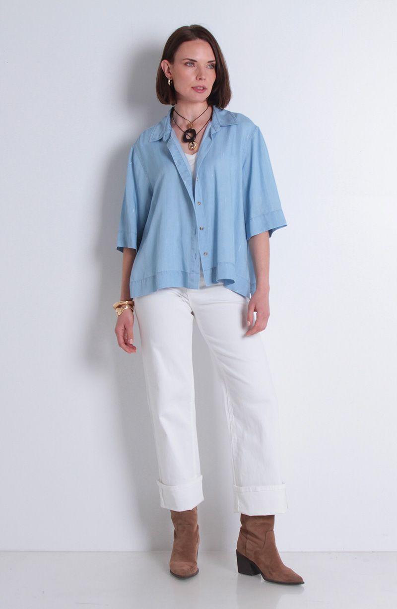 Blusa Tencel Listado Lurex Manga Corta Abotonada En Delantero-6