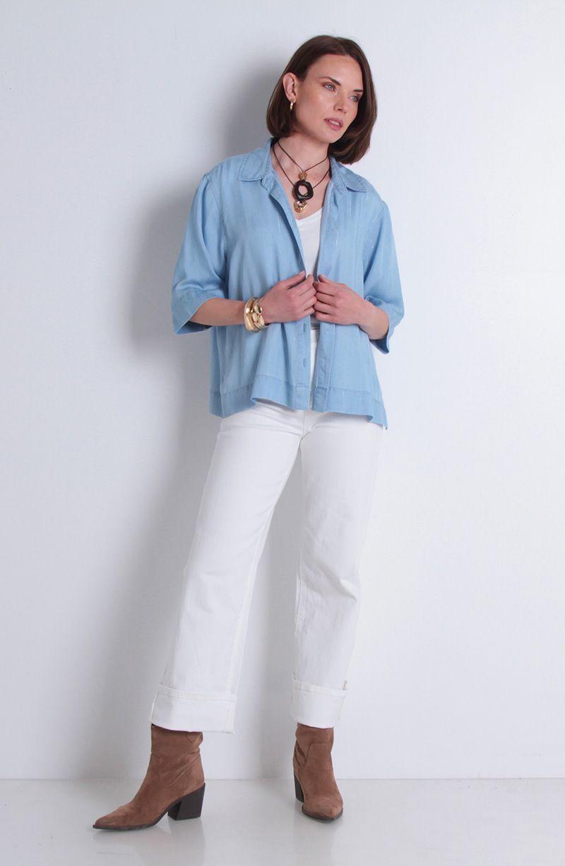 Blusa Tencel Listado Lurex Manga Corta Abotonada En Delantero-7