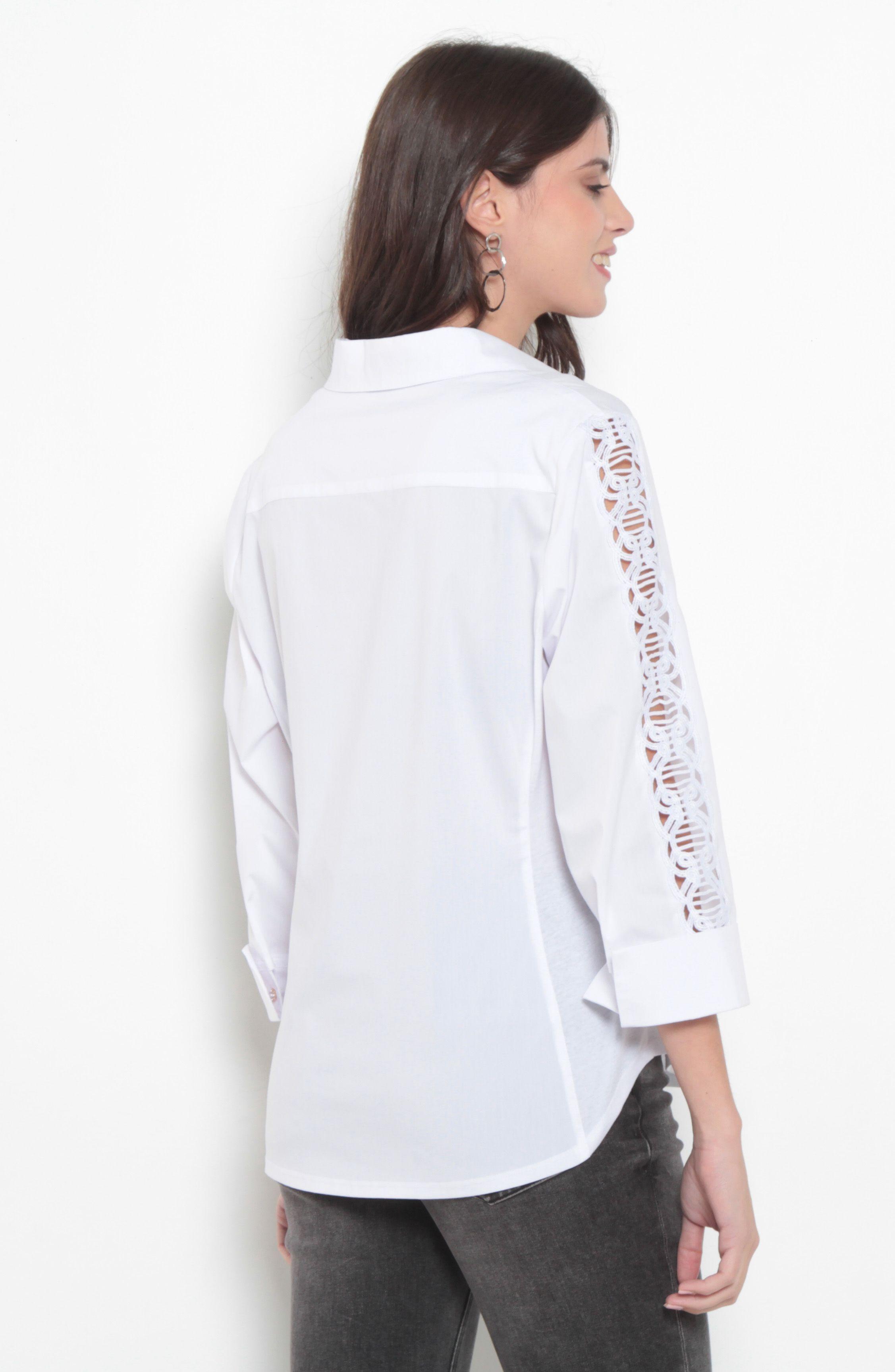 Blusa Manga 3/4 Abotonada En Delantero Escote V Con Cuello-3
