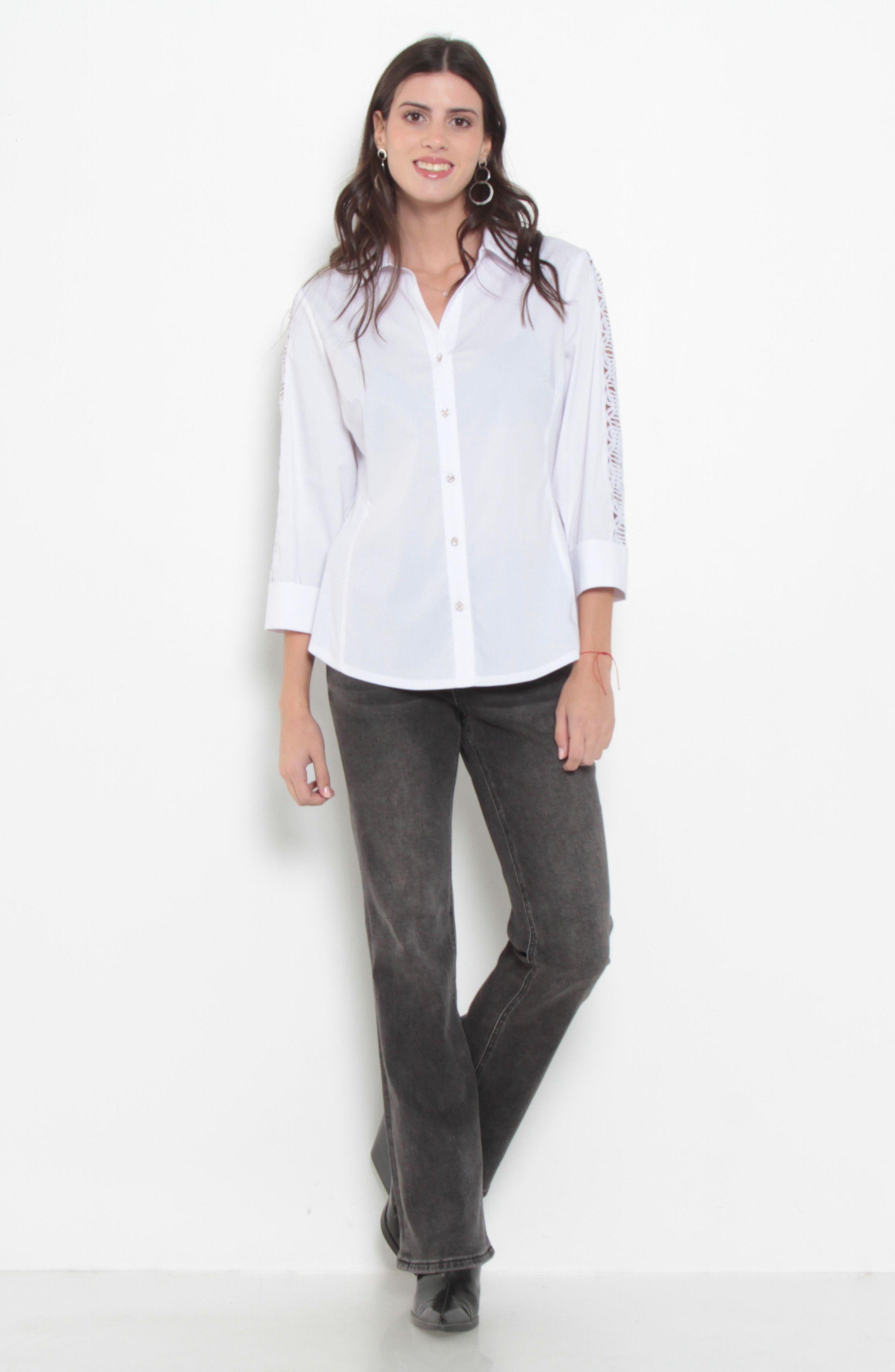 Blusa Manga 3/4 Abotonada En Delantero Escote V Con Cuello-7