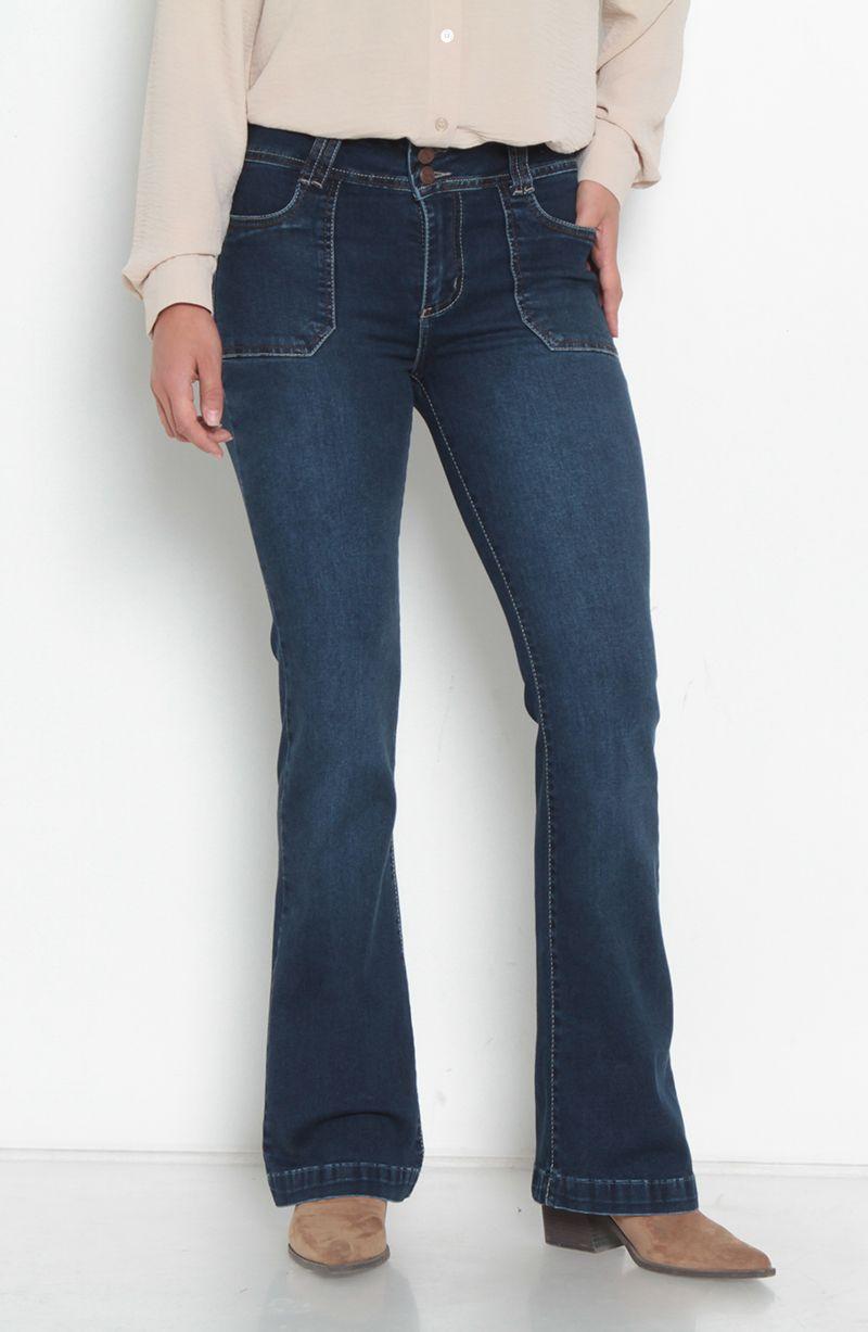 Jeans Cargo Pierna Flare Tiro Alto ,pretina Media Dos Botones-0