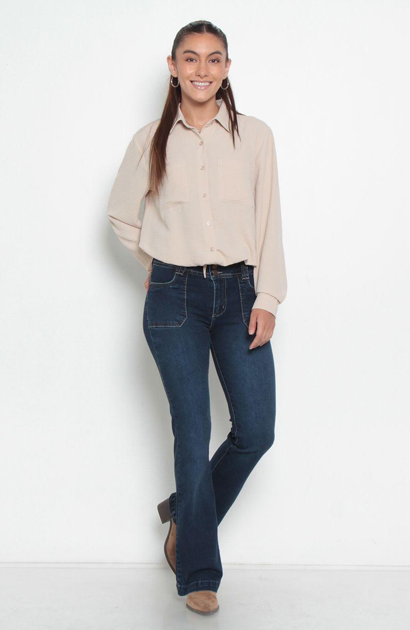 Jeans Cargo Pierna Flare Tiro Alto ,pretina Media Dos Botones-3