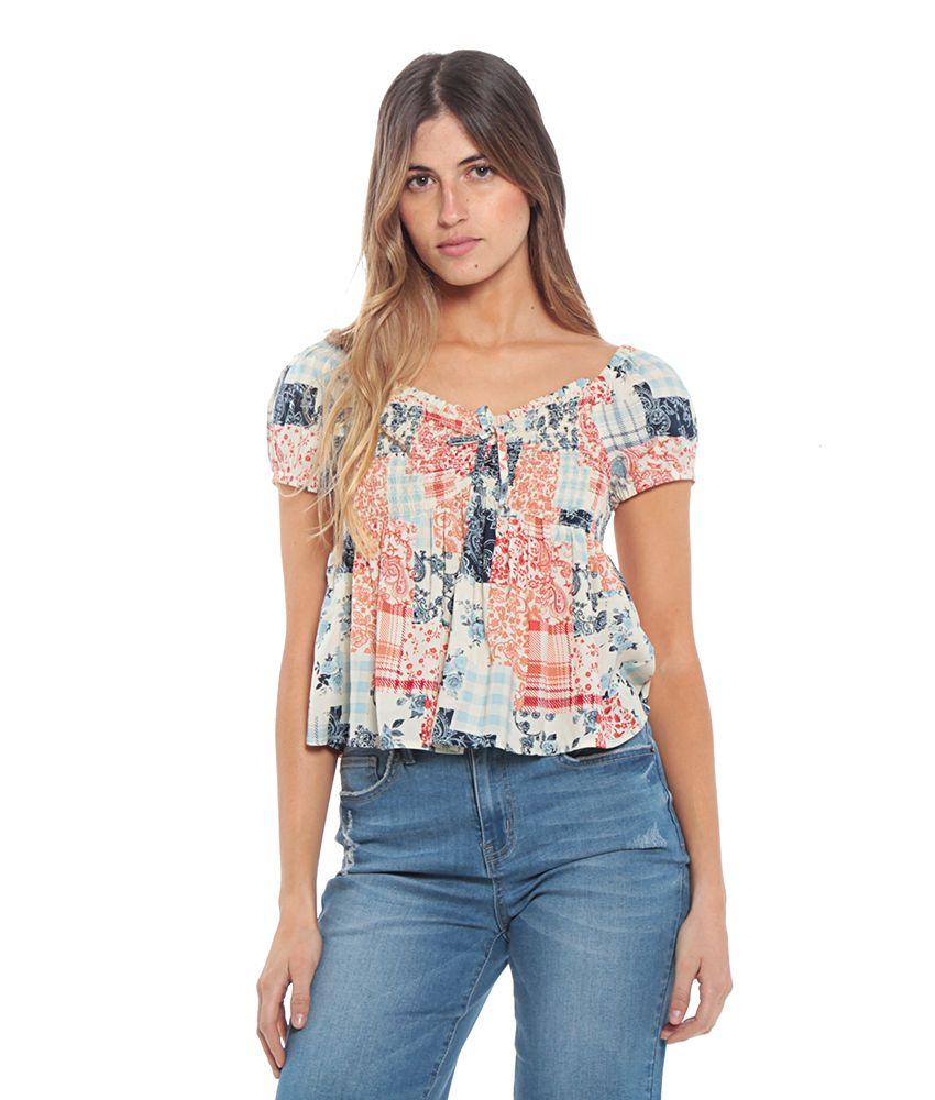 Blusa Campesina Estampada  Manga Globo-0