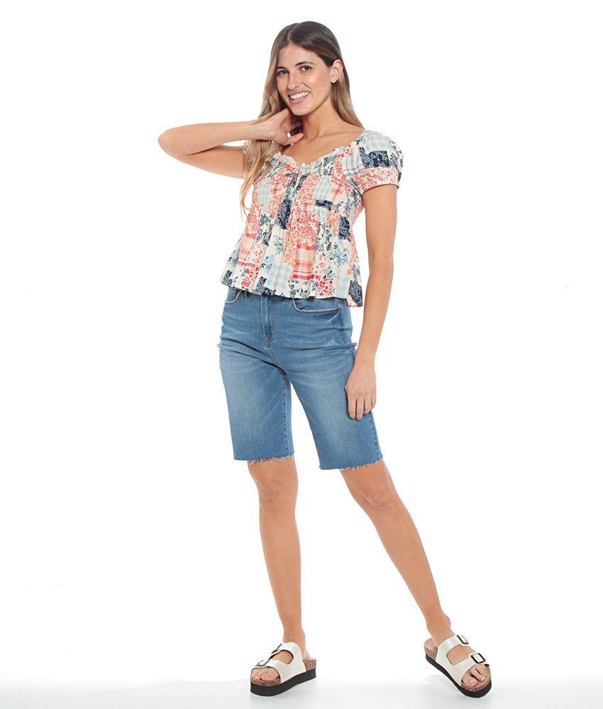 Blusa Campesina Estampada  Manga Globo-1