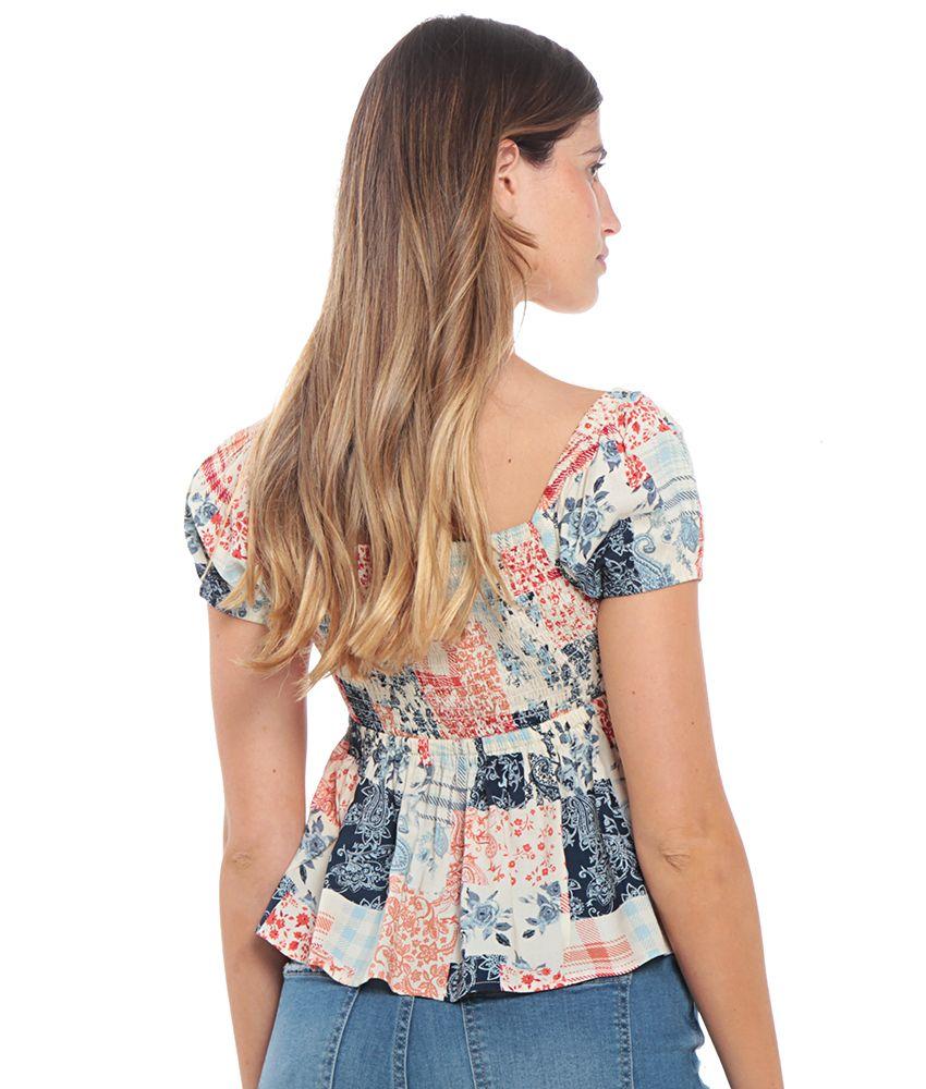Blusa Campesina Estampada  Manga Globo-4